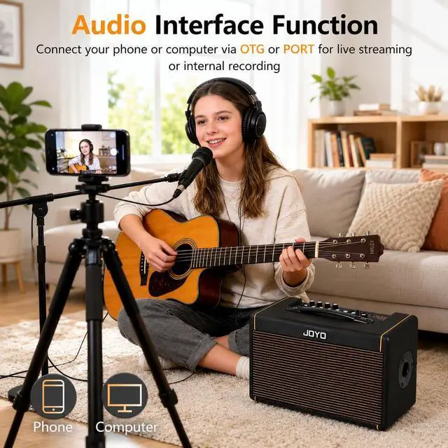 Alt view image 6 of 7 - 40W Acoustic Guitar Amp Portable Stereo Amplifier with Bluetooth and Battery Powered, Reverb/Delay/Chorus, Mic Input, USB-C Recording for Outdoor Busking & Live Performance (AC-40S)