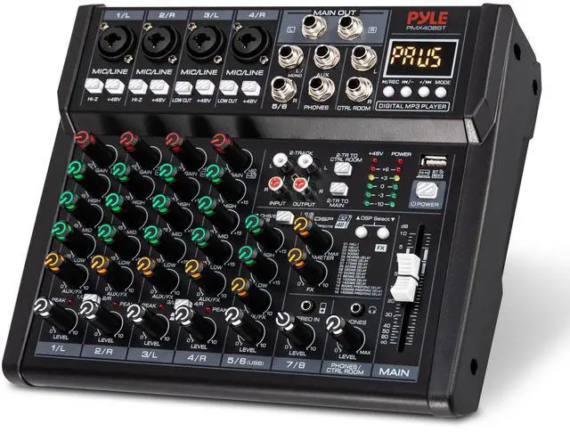 Main image of 8 Channel Studio Mixer - Small Footprint, USB - PC Recording, Bluetooth In, MP3 Player, DSP Effects, +48V Phantom Power, XLR Combo Inputs, Control Room Out, Smooth Dials and Faders - PMX408ST