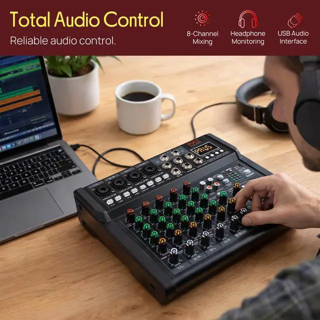 Alt view image 2 of 7 - 8 Channel Studio Mixer - Small Footprint, USB - PC Recording, Bluetooth In, MP3 Player, DSP Effects, +48V Phantom Power, XLR Combo Inputs, Control Room Out, Smooth Dials and Faders - PMX408ST