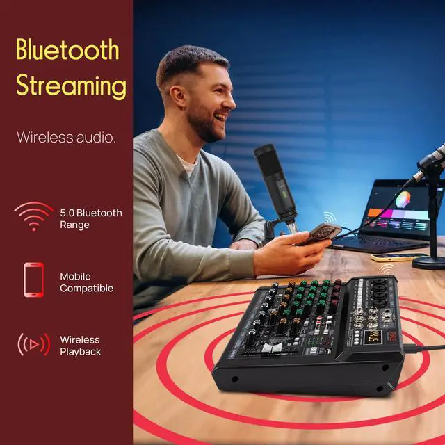 Alt view image 5 of 7 - 8 Channel Studio Mixer - Small Footprint, USB - PC Recording, Bluetooth In, MP3 Player, DSP Effects, +48V Phantom Power, XLR Combo Inputs, Control Room Out, Smooth Dials and Faders - PMX408ST