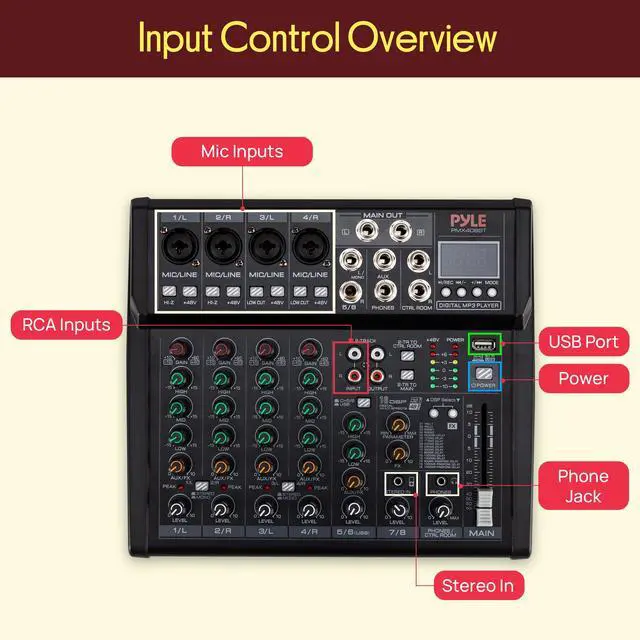 Alt view image 7 of 7 - 8 Channel Studio Mixer - Small Footprint, USB - PC Recording, Bluetooth In, MP3 Player, DSP Effects, +48V Phantom Power, XLR Combo Inputs, Control Room Out, Smooth Dials and Faders - PMX408ST