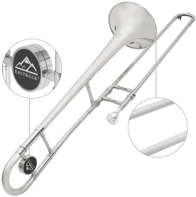 Alt view image 2 of 6 - Bb Tenor Slide Trombone, B Flat Brass Plated Trombone Instrument for Beginners Students with Hard Case, with Mouthpiece, White Gloves (12.5mm/200 mm), Nickel
