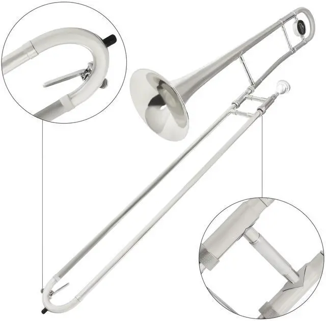 Alt view image 3 of 6 - Bb Tenor Slide Trombone, B Flat Brass Plated Trombone Instrument for Beginners Students with Hard Case, with Mouthpiece, White Gloves (12.5mm/200 mm), Nickel
