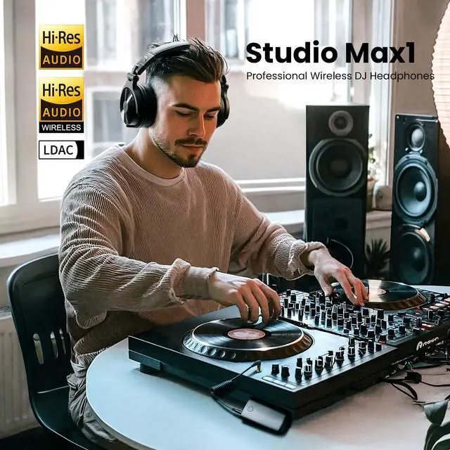 Alt view image 2 of 7 - Studio Max 1 Wireless DJ & Wired Studio Headphones, 20ms Latency | 120H playtime, Hi-Res audio, dual-mic ENC and dongle, Bluetooth or wired modes for studio, guitar and PC