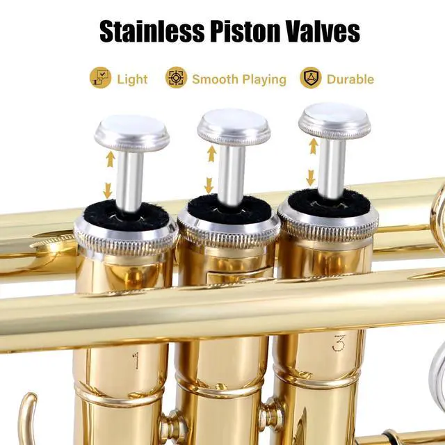 Alt view image 2 of 6 - Bb Trumpet Student Trumpet Standard Trumpets Set with Hard Case, Stand,7C Mouthpiece, Gloves for Beginner, Advanced Students and Adult Gold