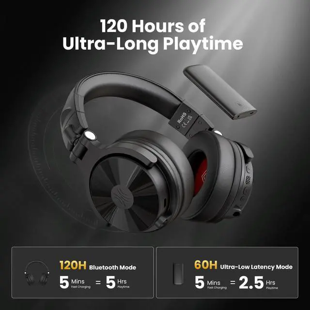 Alt view image 4 of 7 - Studio Max 1 Wireless DJ & Wired Studio Headphones, 20ms Latency | 120H playtime, Hi-Res audio, dual-mic ENC and dongle, Bluetooth or wired modes for studio, guitar and PC