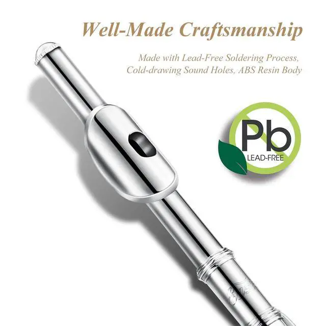 Alt view image 2 of 7 - Piccolo Instrument for Beginners Students, Key of C Flute, Hard Case, Cleaning Kit, Gloves, 2-Piece, Nickel Plated, EPC-1
