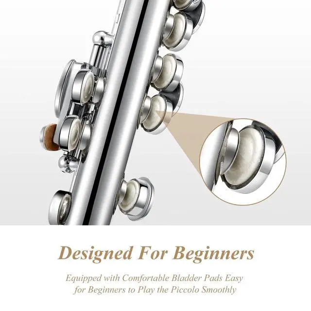 Alt view image 3 of 7 - Piccolo Instrument for Beginners Students, Key of C Flute, Hard Case, Cleaning Kit, Gloves, 2-Piece, Nickel Plated, EPC-1