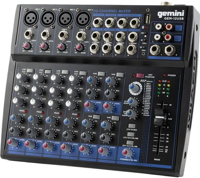 Main image of 12-Channel Bluetooth Audio Mixer with USB & FX (GEM-12USB) | 12-channel Bluetooth mixer with USB & FX - 4 XLR preamps, 48V phantom - multi-FX - USB-C powered