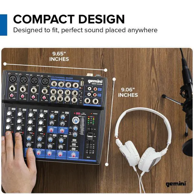 Alt view image 5 of 7 - 12-Channel Bluetooth Audio Mixer with USB & FX (GEM-12USB) | 12-channel Bluetooth mixer with USB & FX - 4 XLR preamps, 48V phantom - multi-FX - USB-C powered