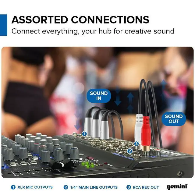 Alt view image 4 of 7 - 12-Channel Bluetooth Audio Mixer with USB & FX (GEM-12USB) | 12-channel Bluetooth mixer with USB & FX - 4 XLR preamps, 48V phantom - multi-FX - USB-C powered