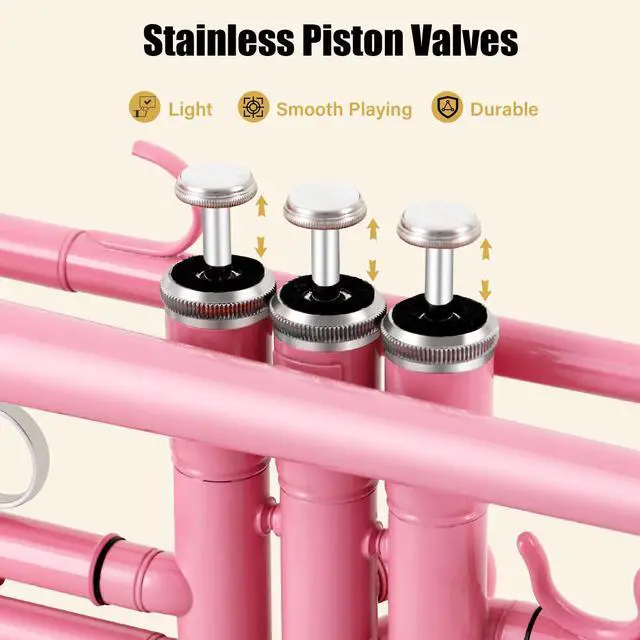 Alt view image 2 of 7 - Bb Standard Trumpet Professional Brass Trumpets for Beginner Standard Student Trumpet Set with Hard Case,7C Mouthpiece,Gloves(Pink)