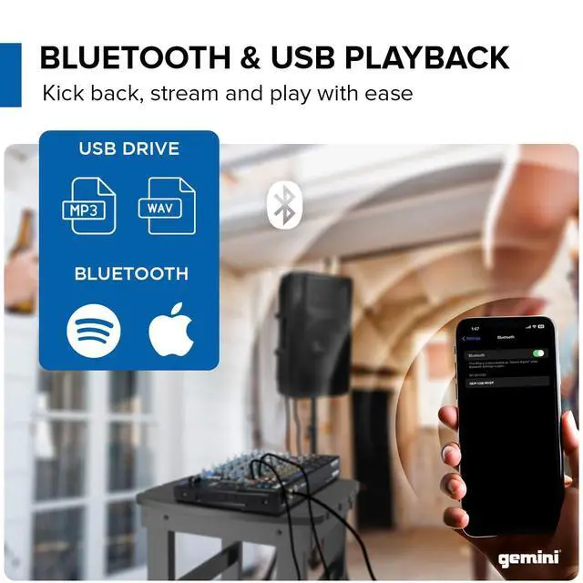 Alt view image 7 of 7 - 12-Channel Bluetooth Audio Mixer with USB & FX (GEM-12USB) | 12-channel Bluetooth mixer with USB & FX - 4 XLR preamps, 48V phantom - multi-FX - USB-C powered