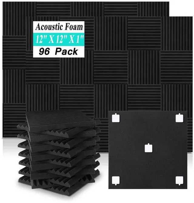 Main image of 96 Pack Sound Proof Foam Panels,12"×12"×1" Acoustic Foam Panels, High Density Soundproof Wall Panels for Home Office Recoding Studio,With 250PCS Adhesive Stickers (Black, 96 Pack)