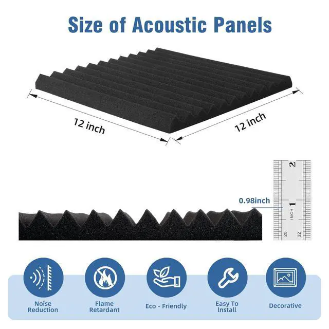 Alt view image 2 of 7 - 96 Pack Sound Proof Foam Panels,12"×12"×1" Acoustic Foam Panels, High Density Soundproof Wall Panels for Home Office Recoding Studio,With 250PCS Adhesive Stickers (Black, 96 Pack)