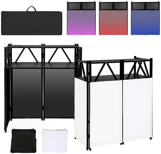 Main image of Portable DJ Booth Table,Foldable DJ Table Stand with White & Black Scrim,Adjustable DJ Facade Booth Station Metal Frame with Cable Hole for Private Events, Clubs, Bars (Double Deck)