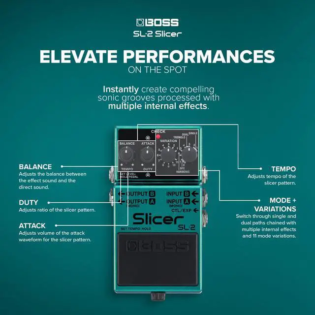 Alt view image 4 of 6 - SL-2 Slicer | Compact Pedal for Guitar, Keyboard, DJs & More | Instantly Create Pulsating Grooves | Multiple Slicer Paths | 88 Onboard Patterns | Stereo Output Options