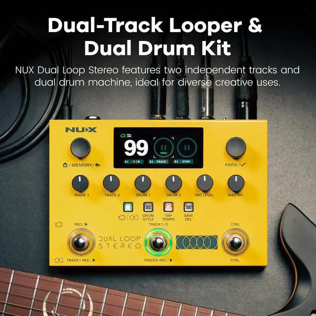 Alt view image 3 of 7 - DUAL LOOP STEREO Looper Pedal, Dual-Track Looper, Guitar Pedal for Electric Guitar, 4 Effects, 42 Rhythm Presets with 672 Rhythm Variations, 26 Hours Recording Time, 99 Phrase Memories
