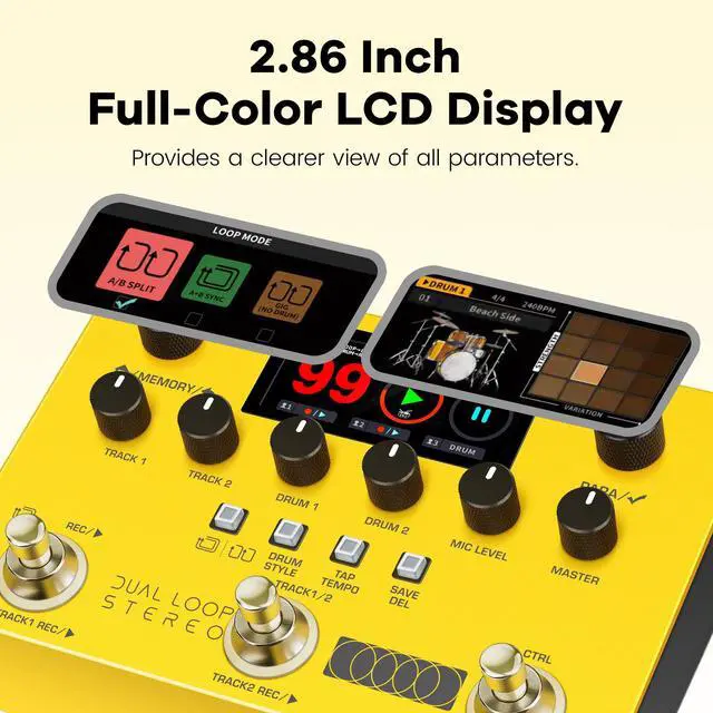 Alt view image 2 of 7 - DUAL LOOP STEREO Looper Pedal, Dual-Track Looper, Guitar Pedal for Electric Guitar, 4 Effects, 42 Rhythm Presets with 672 Rhythm Variations, 26 Hours Recording Time, 99 Phrase Memories