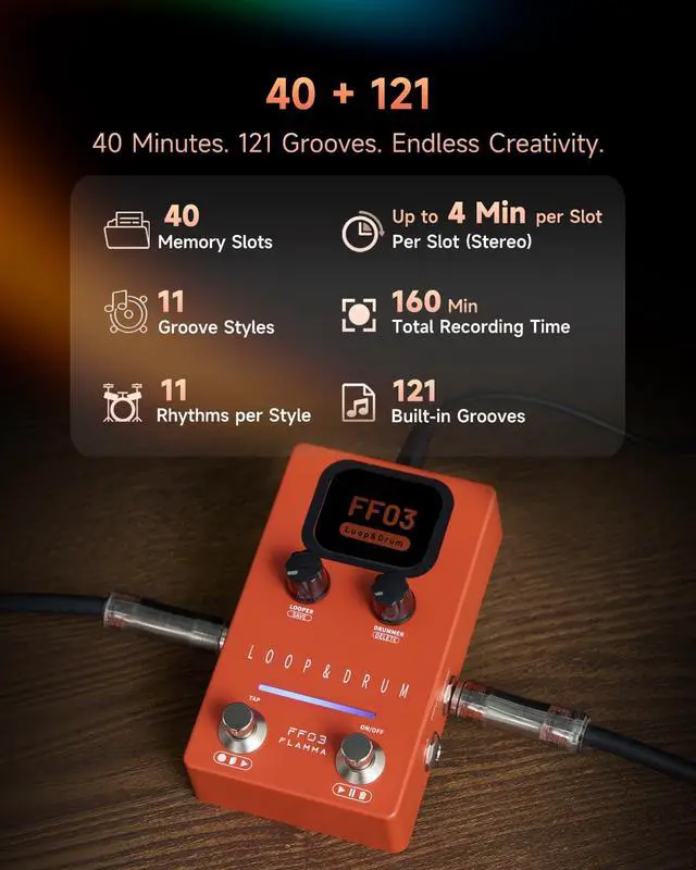 Alt view image 2 of 7 - FF03 Looper Pedal Drum Machine, Drum Looper Guitar Pedal with LED Indicators, 160 Min Recording, 121 Drum Grooves, 40 Loop Slots, Undo/Redo, Fade Out, Sync Mode, USB & Headphone Out