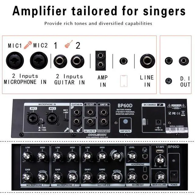 Alt view image 5 of 7 - BP60D 120W Battery Powered Acoustic Guitar Amplifier,Portable Bluetooth Speaker with Reverb Chorus Delay Effect, 7 Inputs