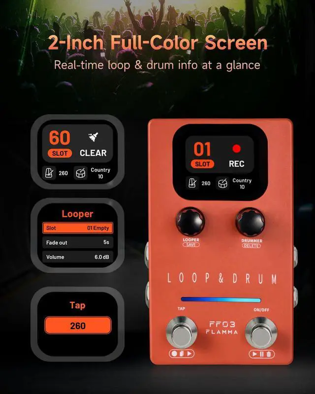 Alt view image 3 of 7 - FF03 Looper Pedal Drum Machine, Drum Looper Guitar Pedal with LED Indicators, 160 Min Recording, 121 Drum Grooves, 40 Loop Slots, Undo/Redo, Fade Out, Sync Mode, USB & Headphone Out