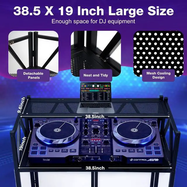 Alt view image 4 of 7 - Portable DJ Booth Table,Foldable DJ Table Stand with White & Black Scrim,Adjustable DJ Facade Booth Station Metal Frame with Cable Hole for Private Events, Clubs, Bars (Double Deck)