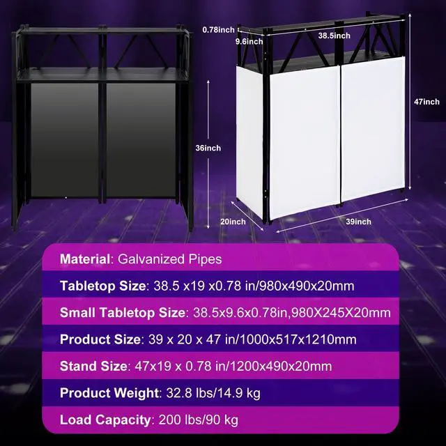 Alt view image 3 of 7 - Portable DJ Booth Table,Foldable DJ Table Stand with White & Black Scrim,Adjustable DJ Facade Booth Station Metal Frame with Cable Hole for Private Events, Clubs, Bars (Double Deck)