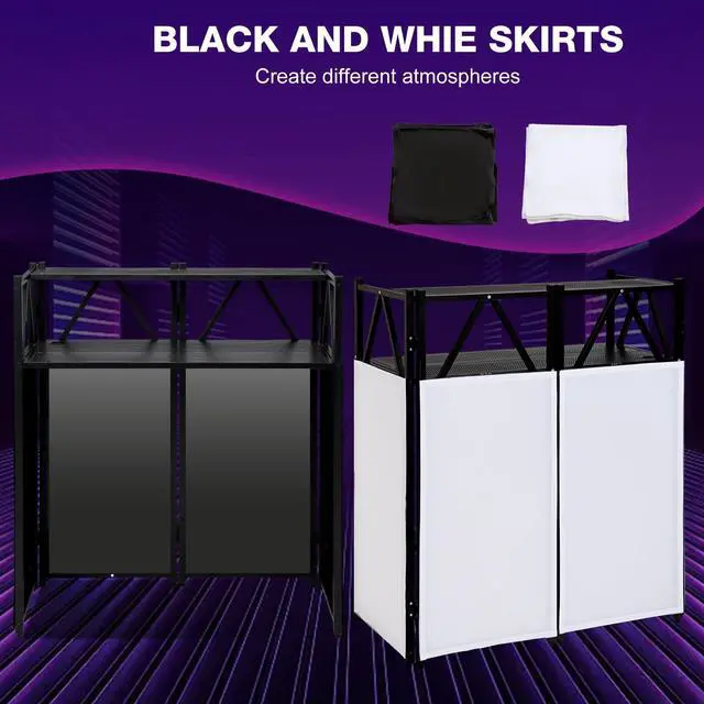 Alt view image 5 of 7 - Portable DJ Booth Table,Foldable DJ Table Stand with White & Black Scrim,Adjustable DJ Facade Booth Station Metal Frame with Cable Hole for Private Events, Clubs, Bars (Double Deck)