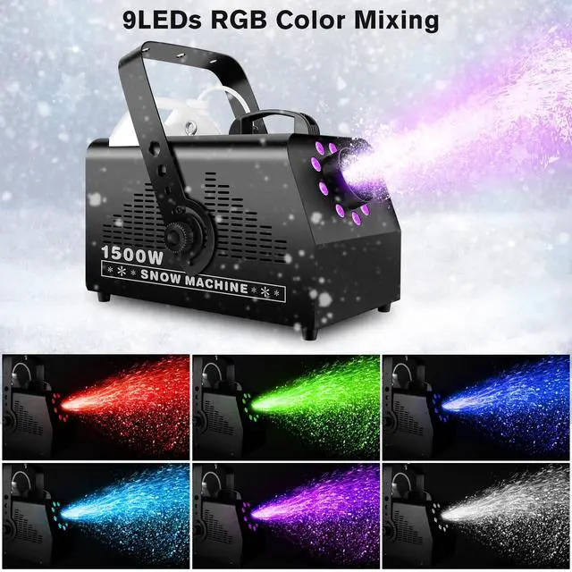 Alt view image 2 of 7 - 1500W Snow Machine: 9 LEDs Light - Wired & Wireless Remote Control- 7 Color Lights Effect - Snowflake Maker for Outdoor Party Wedding Stage Backyard Events