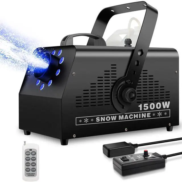 Main image of 1500W Snow Machine: 9 LEDs Light - Wired & Wireless Remote Control- 7 Color Lights Effect - Snowflake Maker for Outdoor Party Wedding Stage Backyard Events