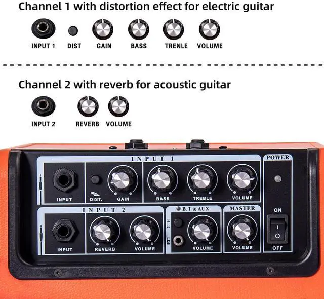 Alt view image 2 of 7 - Acoustic/Electric Guitar Amplifier, with,15 Watt Portable Bluetooth Speaker for Guitar Acoustic/Electric with Reverb Effect, 2 Band EQ,Orange