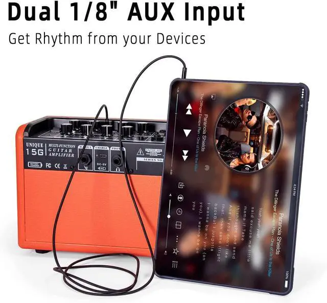 Alt view image 3 of 7 - Acoustic/Electric Guitar Amplifier, with,15 Watt Portable Bluetooth Speaker for Guitar Acoustic/Electric with Reverb Effect, 2 Band EQ,Orange