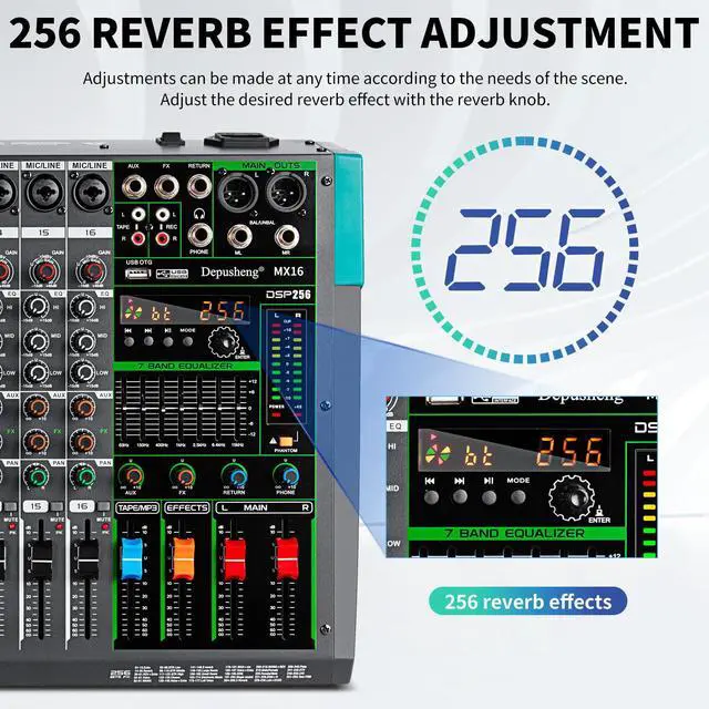 Alt view image 3 of 7 - MX16 16 Channel Sound Mixer Audio Mixing Console 48V 256DSP Professional USB PC Play Record Podcast Live Broadcast (US MX16)