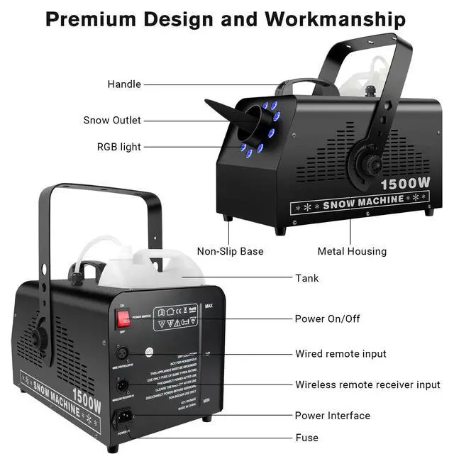 Alt view image 4 of 7 - 1500W Snow Machine: 9 LEDs Light - Wired & Wireless Remote Control- 7 Color Lights Effect - Snowflake Maker for Outdoor Party Wedding Stage Backyard Events