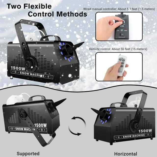 Alt view image 5 of 7 - 1500W Snow Machine: 9 LEDs Light - Wired & Wireless Remote Control- 7 Color Lights Effect - Snowflake Maker for Outdoor Party Wedding Stage Backyard Events
