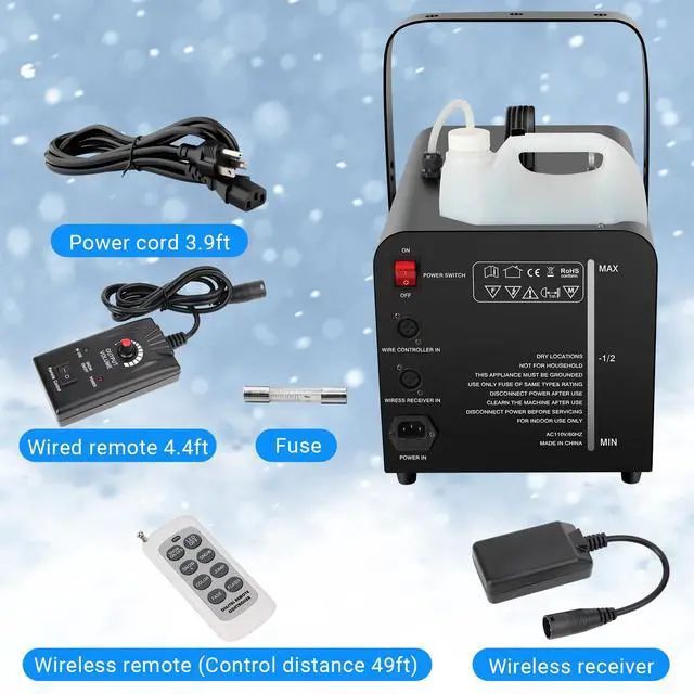 Alt view image 7 of 7 - 1500W Snow Machine: 9 LEDs Light - Wired & Wireless Remote Control- 7 Color Lights Effect - Snowflake Maker for Outdoor Party Wedding Stage Backyard Events