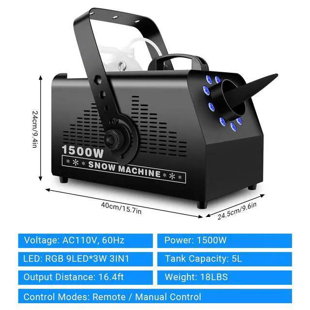 Alt view image 6 of 7 - 1500W Snow Machine: 9 LEDs Light - Wired & Wireless Remote Control- 7 Color Lights Effect - Snowflake Maker for Outdoor Party Wedding Stage Backyard Events