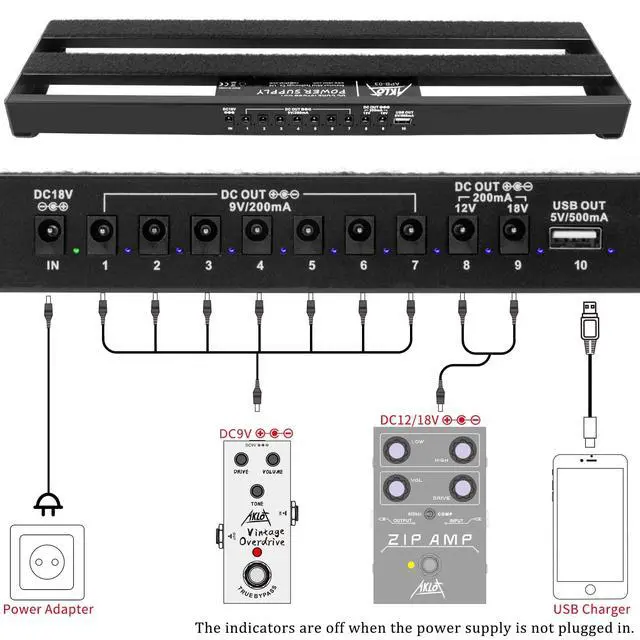 Alt view image 3 of 7 - Guitar Pedal Board with Built-in Power Supply Guitars Effect Pedalboard Aluminium Alloy Power Supply 19" x 5" with Bag, Pedal Cable