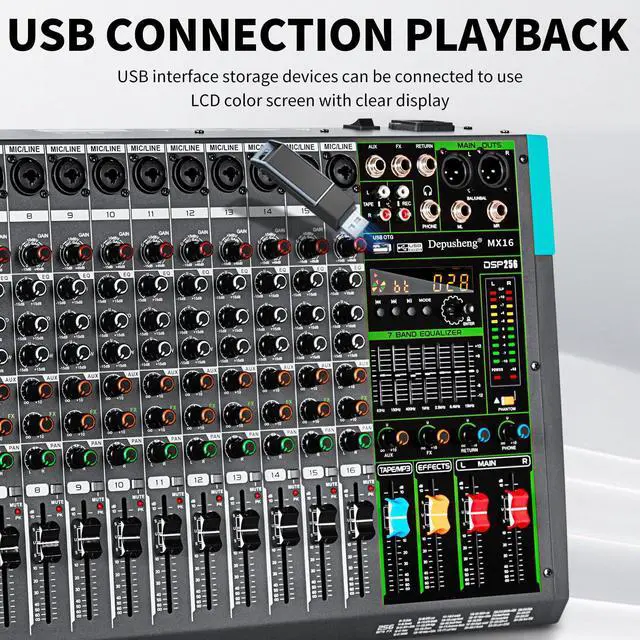 Alt view image 5 of 7 - MX16 16 Channel Sound Mixer Audio Mixing Console 48V 256DSP Professional USB PC Play Record Podcast Live Broadcast (US MX16)