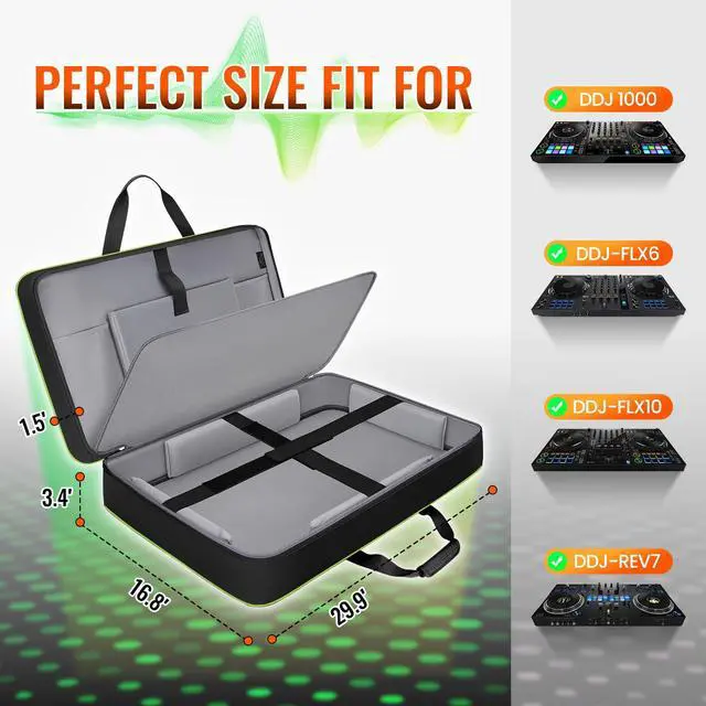 Alt view image 2 of 7 - DJ Controller Case for DDJ FLX10/GRV6/REV5 with Laptop Pocket Green | Padded Large DJ Controller Bag Fits DDJ REV7/REV5/FLX6/1000, Gig Bag with Multi-Pocket and Adjustable Shoulder Strap