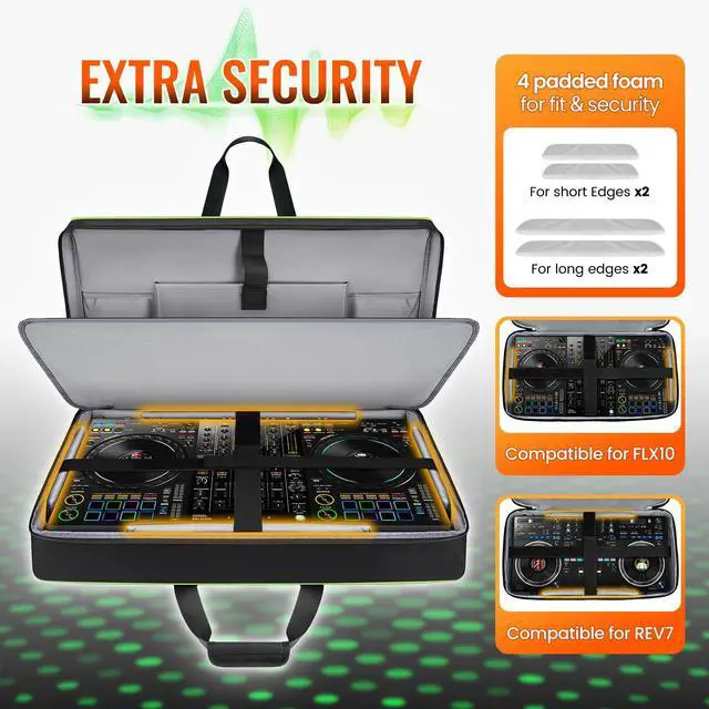Alt view image 3 of 7 - DJ Controller Case for DDJ FLX10/GRV6/REV5 with Laptop Pocket Green | Padded Large DJ Controller Bag Fits DDJ REV7/REV5/FLX6/1000, Gig Bag with Multi-Pocket and Adjustable Shoulder Strap