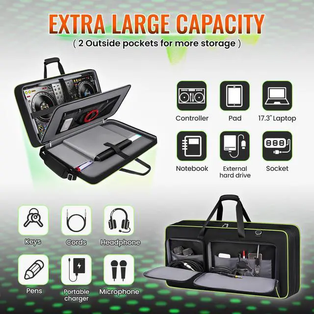 Alt view image 4 of 7 - DJ Controller Case for DDJ FLX10/GRV6/REV5 with Laptop Pocket Green | Padded Large DJ Controller Bag Fits DDJ REV7/REV5/FLX6/1000, Gig Bag with Multi-Pocket and Adjustable Shoulder Strap