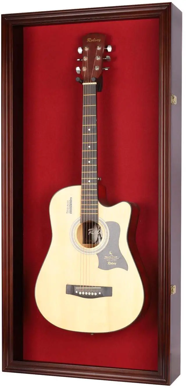 Main image of 45" Acoustic Guitar Display Case Cabinet Wall Mountable Guitar Case Frame Fits Most Guitars 98% UV Protection Red Felt Interior Mahogany Finish