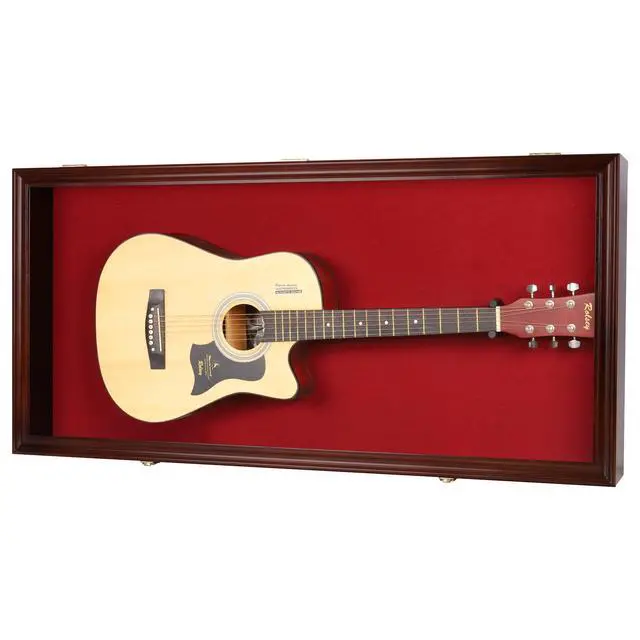 Alt view image 2 of 7 - 45" Acoustic Guitar Display Case Cabinet Wall Mountable Guitar Case Frame Fits Most Guitars 98% UV Protection Red Felt Interior Mahogany Finish