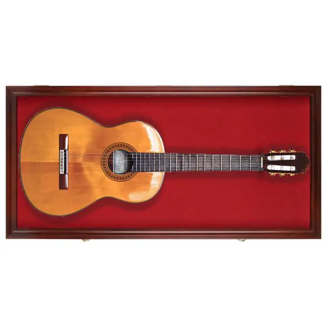 Alt view image 5 of 7 - 45" Acoustic Guitar Display Case Cabinet Wall Mountable Guitar Case Frame Fits Most Guitars 98% UV Protection Red Felt Interior Mahogany Finish