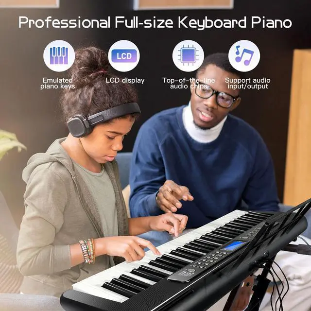 Alt view image 2 of 7 - Pro 61-Key Electric Keyboard Piano w/LCD & Sustain Pedal, Full-Size Studio Keyboard w/Stand, Bench, Headphones, Mic, 200 Timbres/Rhythms, 80 Songs, Professional Piano Keyboard for All Levels