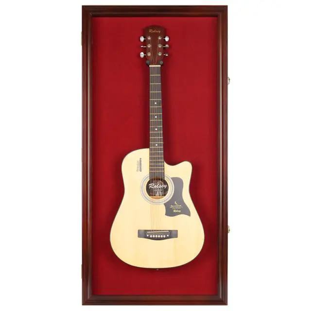 Alt view image 6 of 7 - 45" Acoustic Guitar Display Case Cabinet Wall Mountable Guitar Case Frame Fits Most Guitars 98% UV Protection Red Felt Interior Mahogany Finish