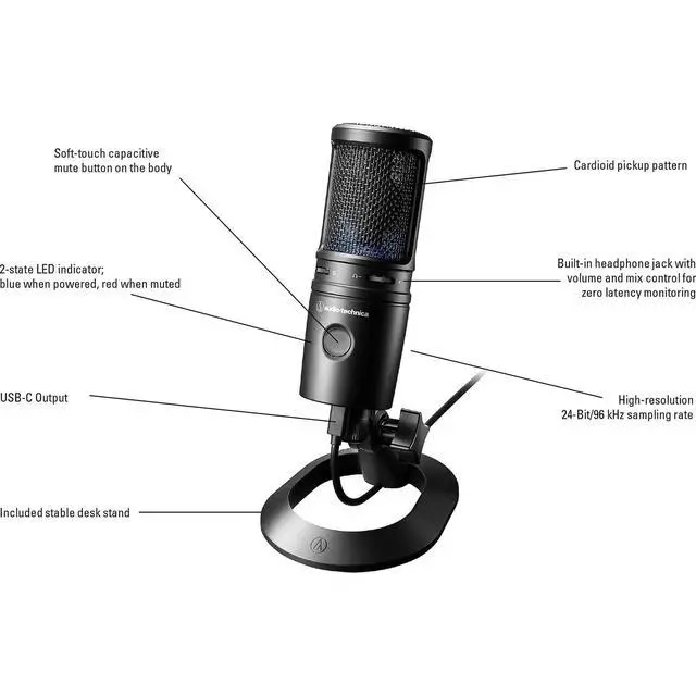 Alt view image 4 of 7 - AT2020USB-X Cardioid Condenser USB Microphone with Microphone Arm + Wind Screen Pop Filter + Cleaning Cloth (4 Items)