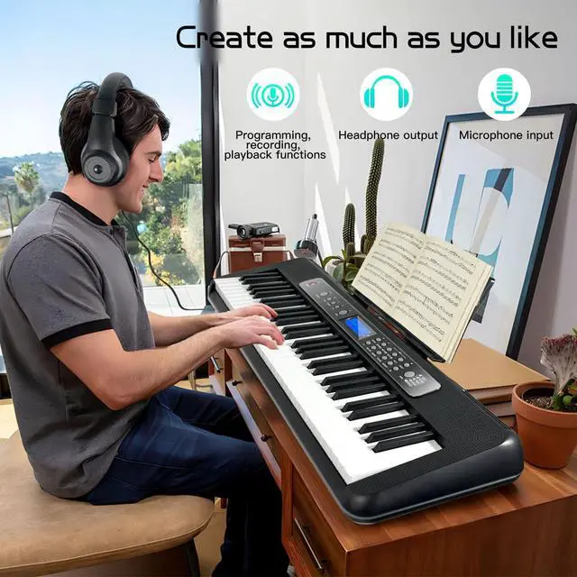 Alt view image 3 of 7 - Pro 61-Key Electric Keyboard Piano w/LCD & Sustain Pedal, Full-Size Studio Keyboard w/Stand, Bench, Headphones, Mic, 200 Timbres/Rhythms, 80 Songs, Professional Piano Keyboard for All Levels